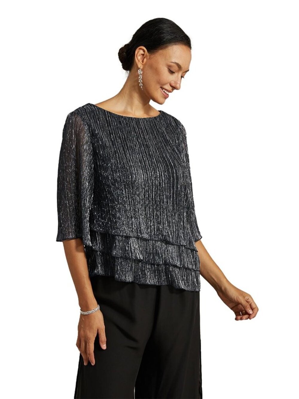 "S' 3/4 Sleeve Sparkle Tops Ruffle Shiny Blouse Dressy Casual Pleated Layered